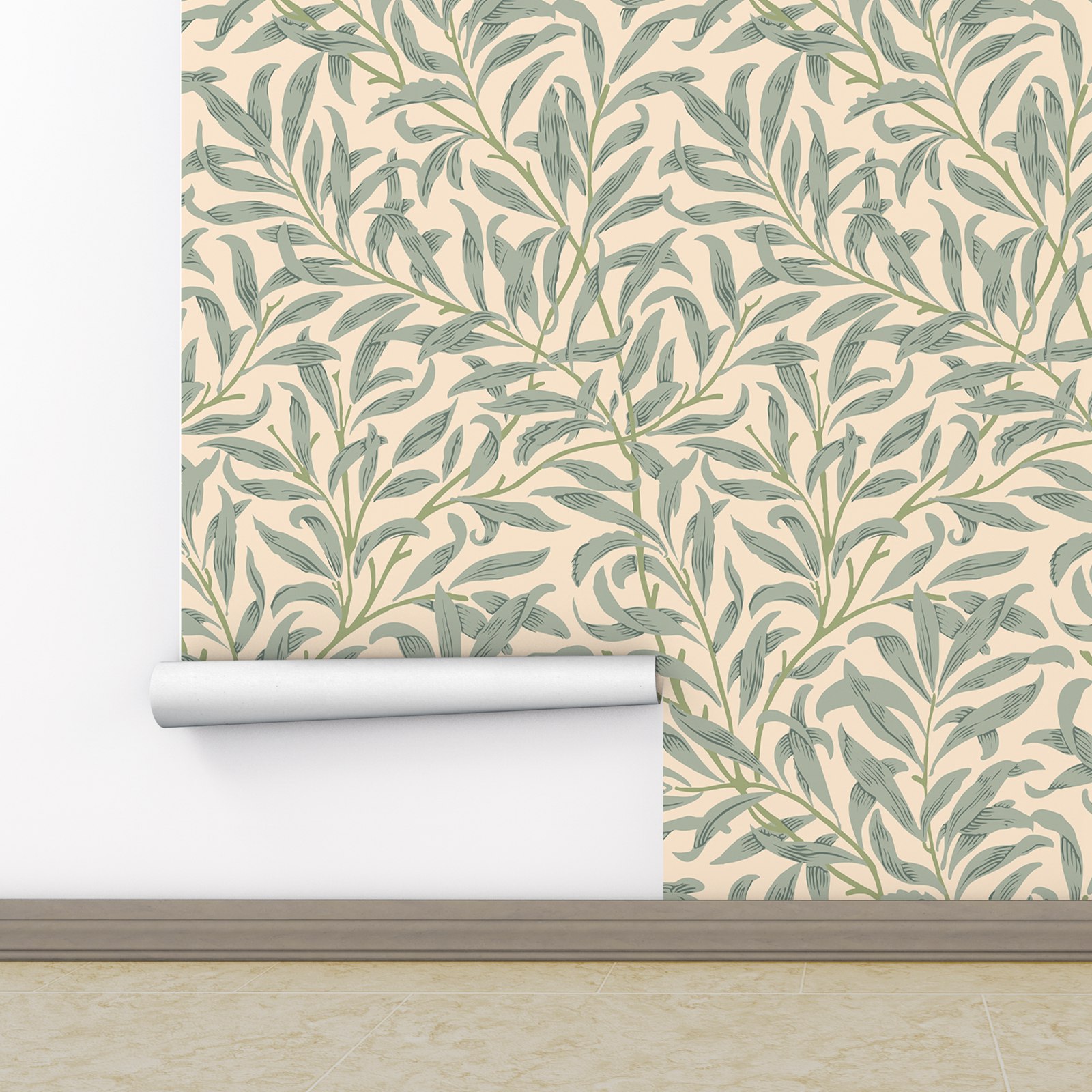 Green Leaf Wallpaper,Beige Col - Vintage Fashion Wallpaper 评论和价格