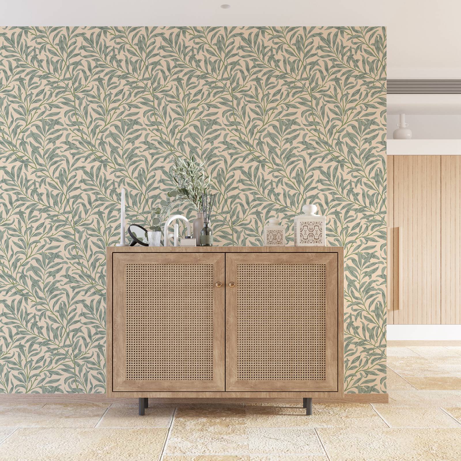 Green Leaf Wallpaper,Beige Col - Vintage Fashion Wallpaper 评论和价格