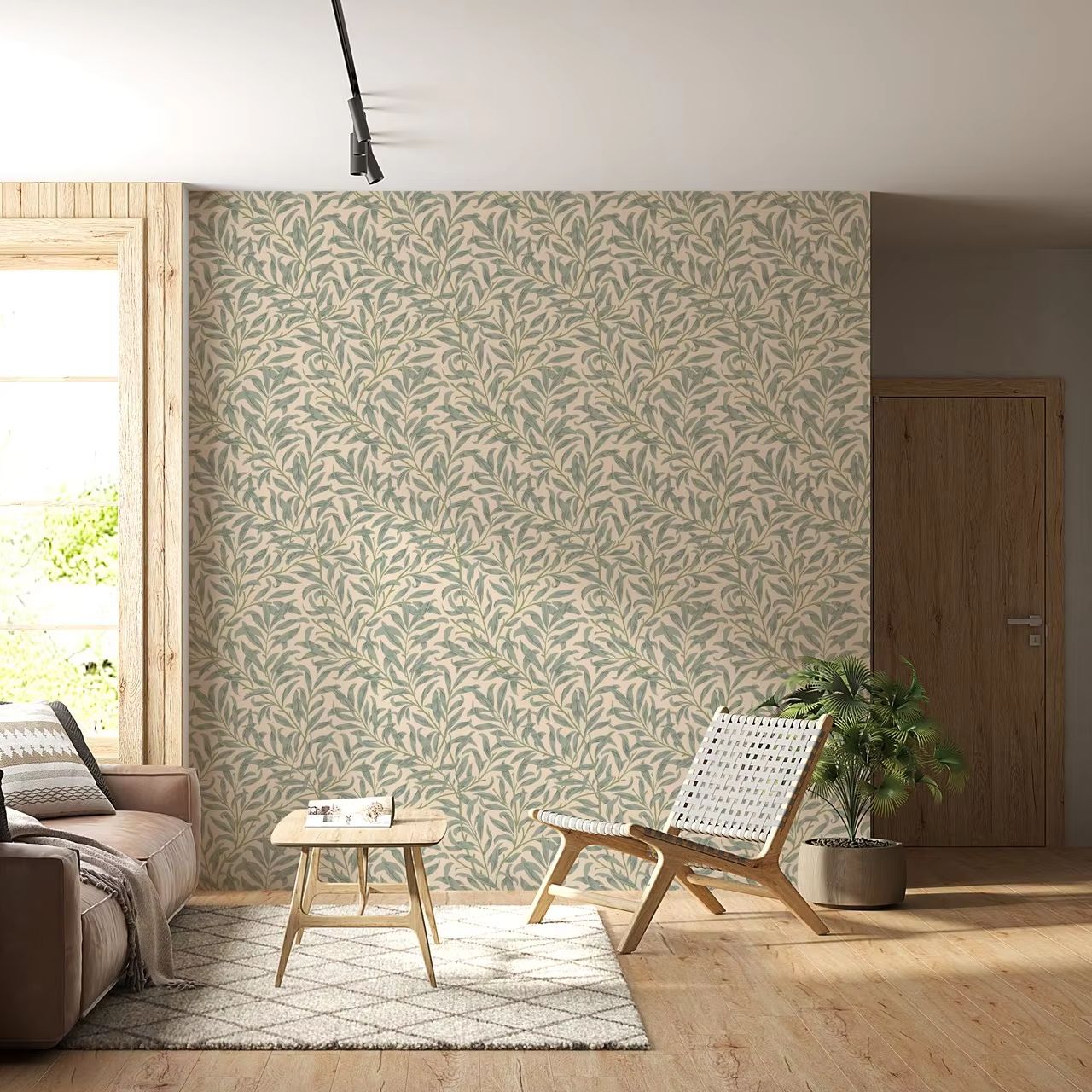 Green Leaf Wallpaper,Beige Col - Vintage Fashion Wallpaper 评论和价格